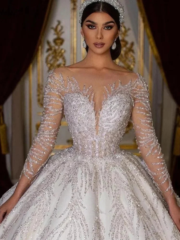 Glitter Wedding Dress Lace With Beading Ball Gown Princess Full Sleeve O-Neck Bride Dress Backless Customized Vestido De Novia