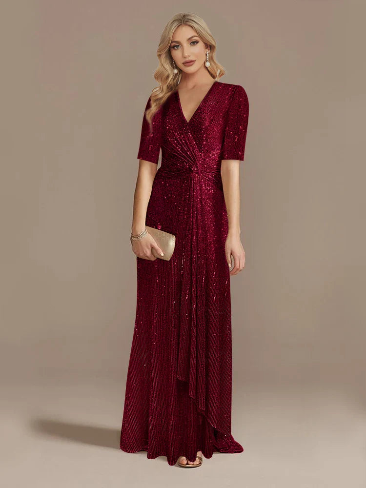 Luxury Red Floor Length V-Neck Evening Dresses Women Elegant Wedding Party Maxi Sequins Short Sleeves Prom Cocktail Gowns