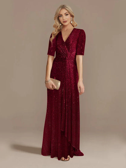 Luxury Red Floor Length V-Neck Evening Dresses Women Elegant Wedding Party Maxi Sequins Short Sleeves Prom Cocktail Gowns