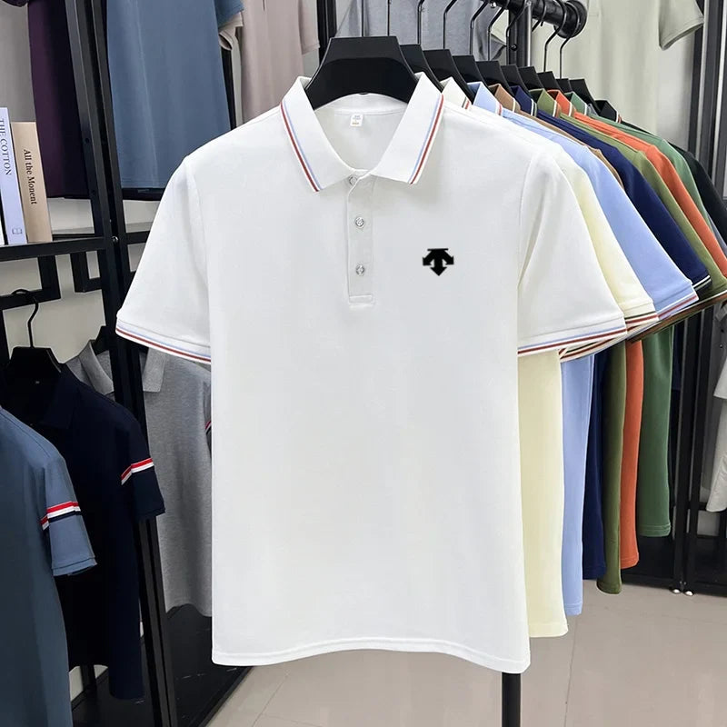 Men's Summer Solid Color Cool Breathable Luxury Polo Shirt Business Casual Collar T-shirt Short Sleeve Top