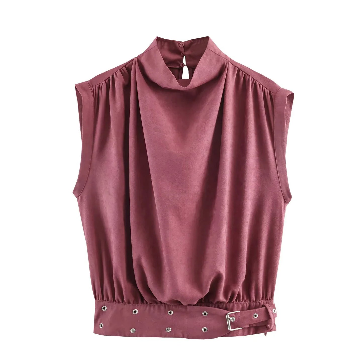 New Spring 2026 Women's High Collar Sleeveless Shoulder Ruffle Anti Velvet Effect with Buckle Top