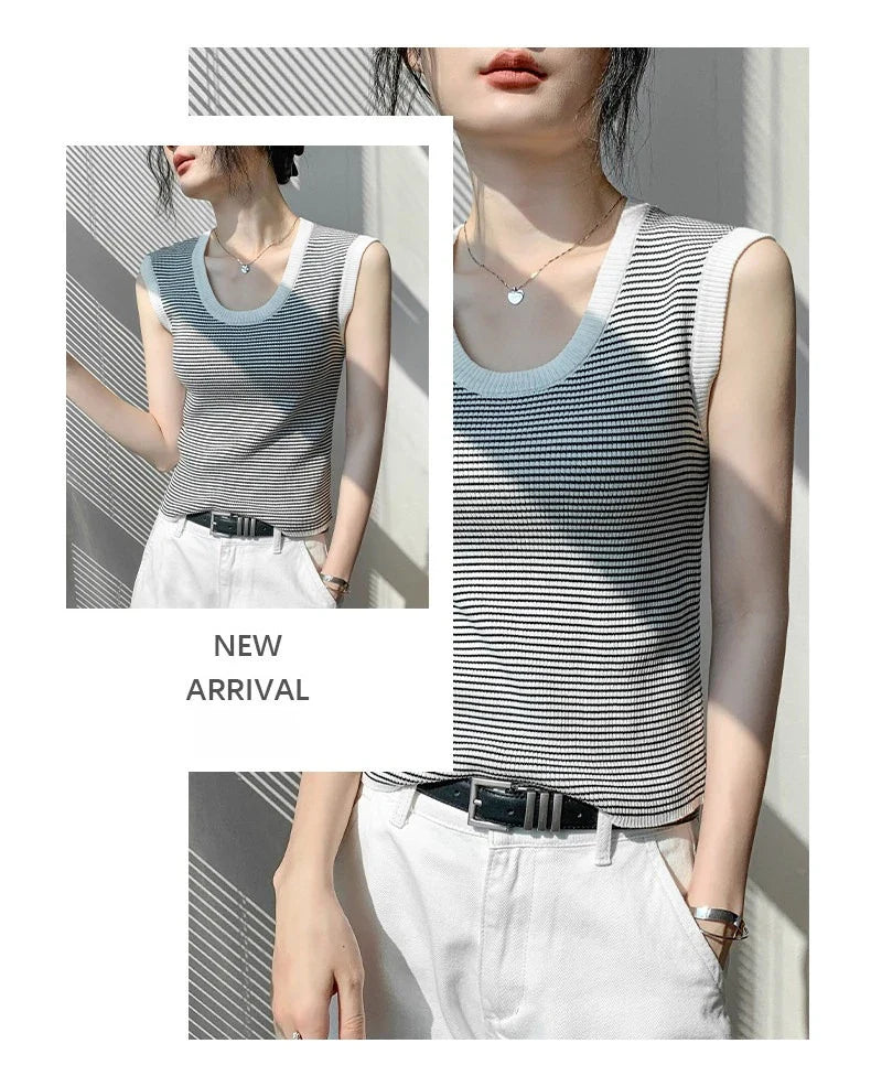 2026 Spring Summer O-Neck Striped Vest Top Simple Slim Fit Sleeveless Casual Versatile Women's Tank Top