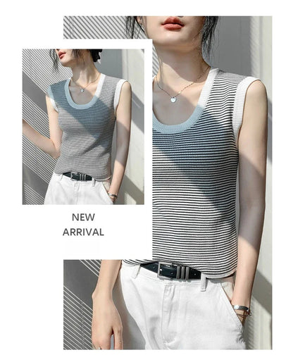 2026 Spring Summer O-Neck Striped Vest Top Simple Slim Fit Sleeveless Casual Versatile Women's Tank Top