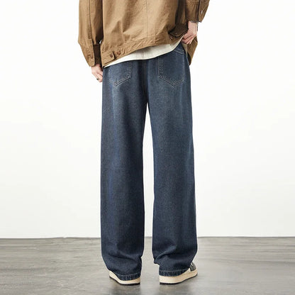 Men's Retro Jeans Elastic Waist Fashion Loose Straight Casual Wide Pants Cotton Casual Korean Baggy Wide Leg Denim Trousers