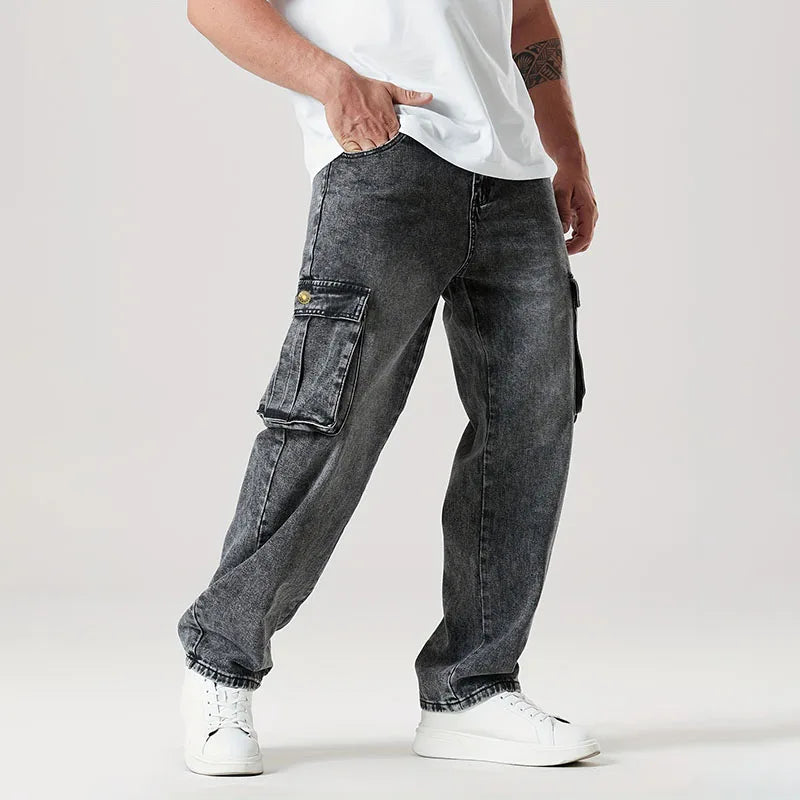 Korean Casual Comfortable Loose Fitting Jeans For Men Large Pocket Jeans Seasons Straight Leg Pants Work Pants