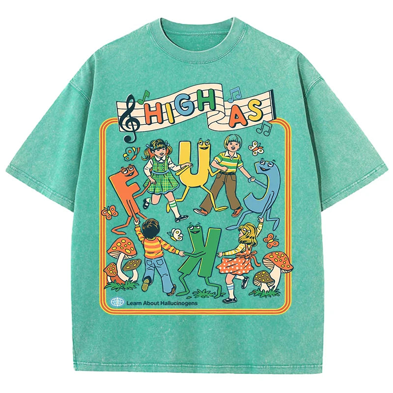 Happy Playing Children Pattern Retro T-Shirt Men Summer Soft Clothing Trendy Crewneck Washed Tops Oversize Cotton Streetwear