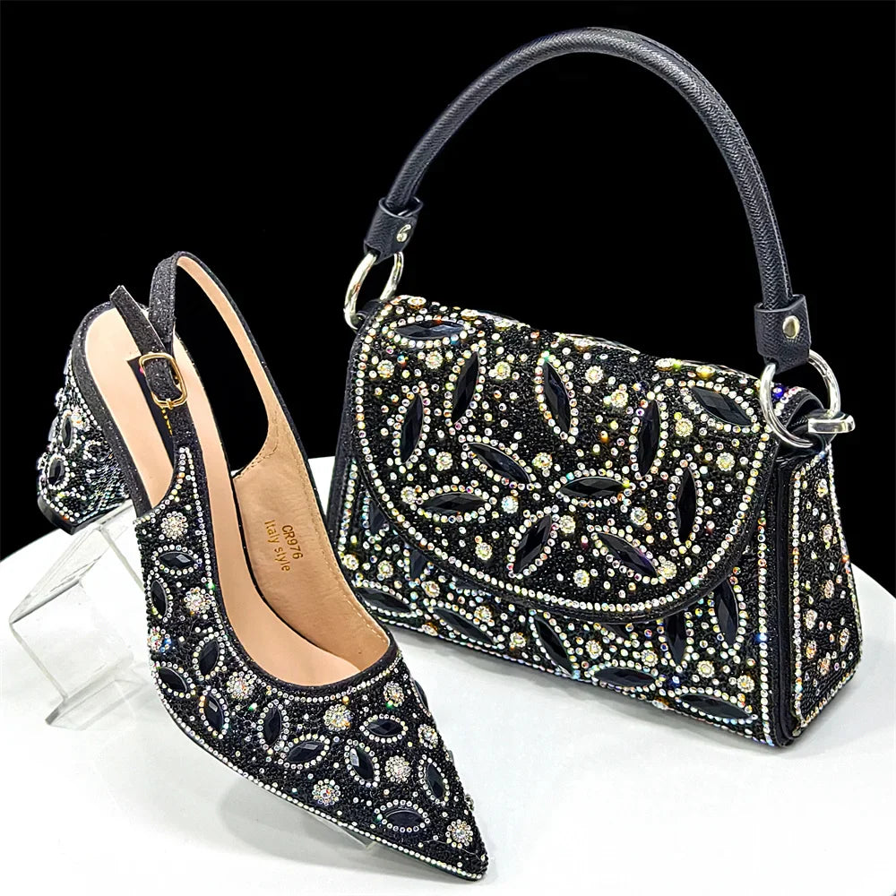Black Color Elegant High Heels Nigeria Popular Design African Ladies Shoes And Bag Set For Party
