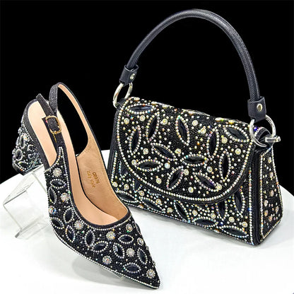 Black Color Elegant High Heels Nigeria Popular Design African Ladies Shoes And Bag Set For Party