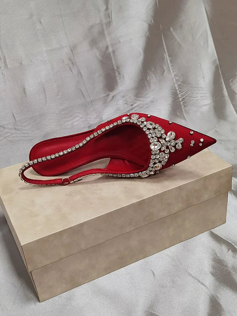 Luxury Diamonds Designer High Heels Women Satin Pointy Toe Pumps Rhinestone Sandals Female Shiny Sexy Wedding Dress Party Shoes