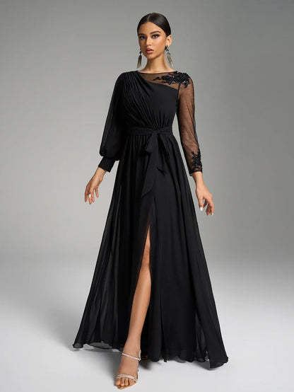 round Neck Asymmetrical Lantern Sleeve Luxury Bead Splicing Belted Waist Black Elegance Evening Dress Evening Gown