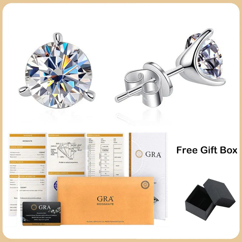 925 Sterling Silver 3 Prong Moissanite Stud Earrings 1ct D VVS1 Diamond with GRA for Women Wedding Party Fine Jewelry Gift