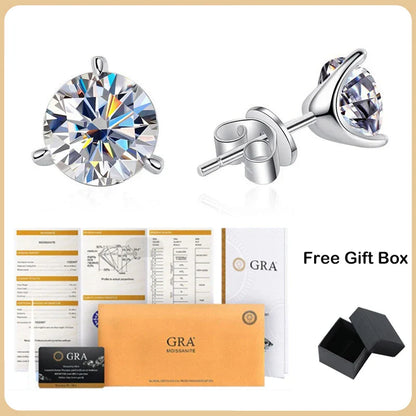 925 Sterling Silver 3 Prong Moissanite Stud Earrings 1ct D VVS1 Diamond with GRA for Women Wedding Party Fine Jewelry Gift