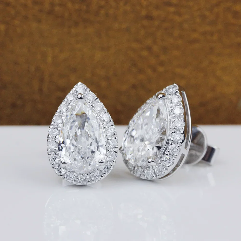 2cttw Pear Cut Moissanite Halo Diamond Earrings with Certificate 925 Sterling Silver Waterdrop Shape Stud Earrings for Women