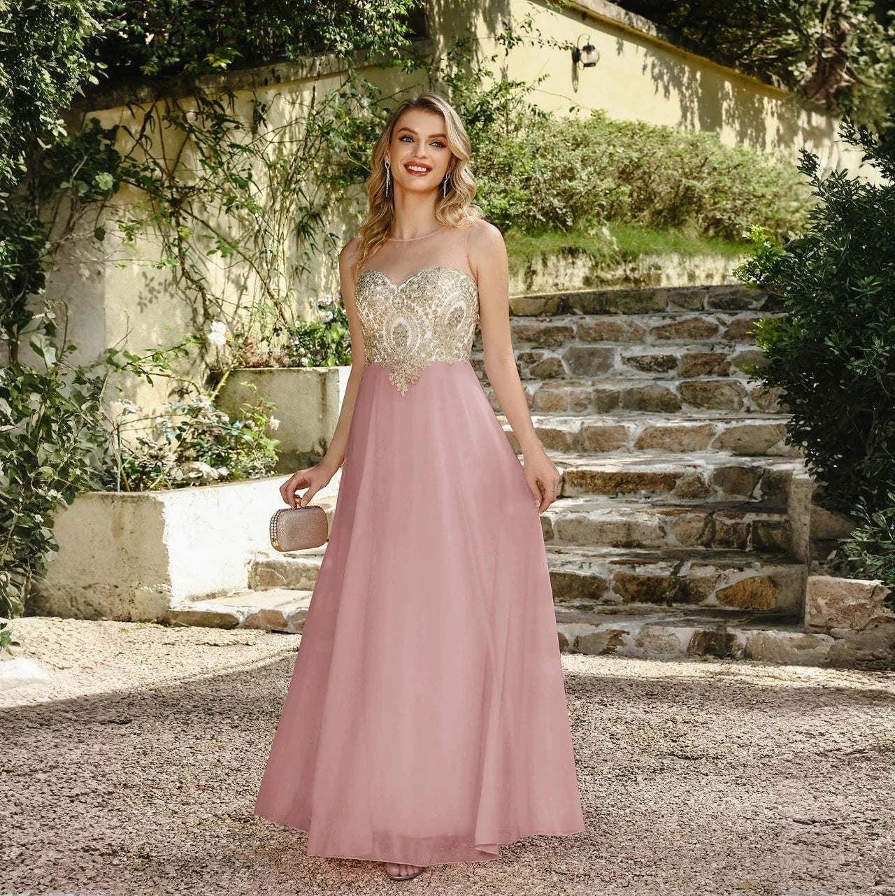 Elegant Sweetheart Prom Dress with Gold Embroidered Bodice & Flowing Chiffon Skirt for Homecoming & Formal Events