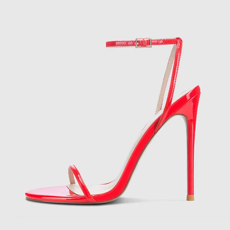 New Red High Heel Sandals with Women's Thin Heel, Metal Leather Strap, Black Sexy, Open toed Style, Foot Ring33-46