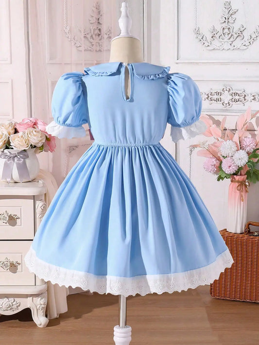 Little Girl's Romantic and Elegant Ladylike Blue Princess-Style Dress, Decorated with Bows, Stylish Puff Sleeves, Suitable for Birthday Parties, Holiday Events, and Photography. Suitable for Little Girls Aged 4-7, for