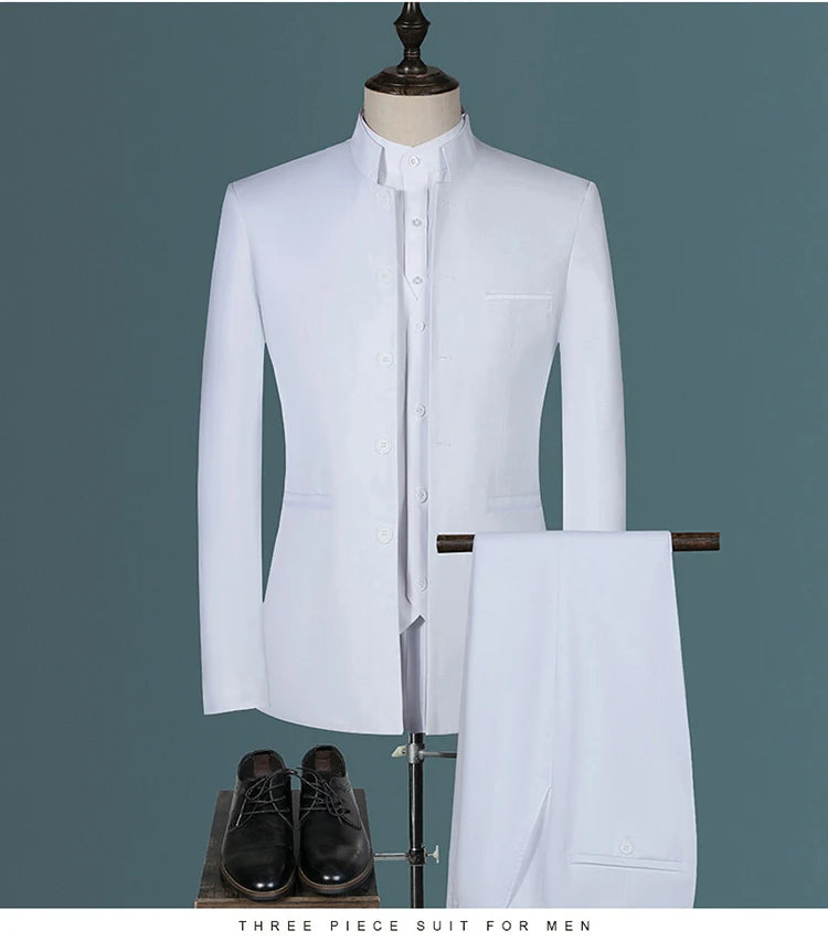 Suit (Blazer+ Vest + Pants) Men's Fashion Gentleman Business Outdoor Standing Collar Gentleman Wedding Work Casual MAO Suit