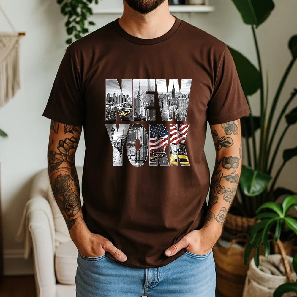 New Summer 100% Cotton T-Shirt New York City Landmark Letter Retro American Street Style Oversized Breathable Short Sleeve
