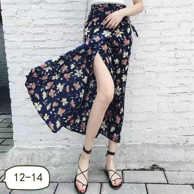 Wrap Skirts Women Casual Chiffon Tie-Waist Ruffle Wide Leg Loose Floral Skirts String Belt One Piece Wrap Beach Skirts