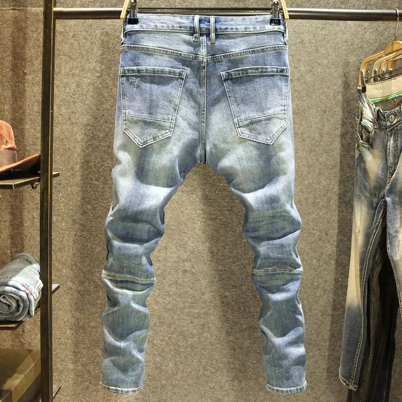 2024 Spring and Autumn New Fashion Blue Patchwork Denim Pants Men's Casual Slim Comfortable Breathable High-Quality Jeans 28-36