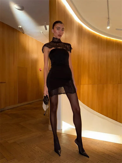 Lace Backless Sexy Mini Dress Women Gown Elegant See Through Turtleneck Sleeveless Bodycon Club Party Dresses Female