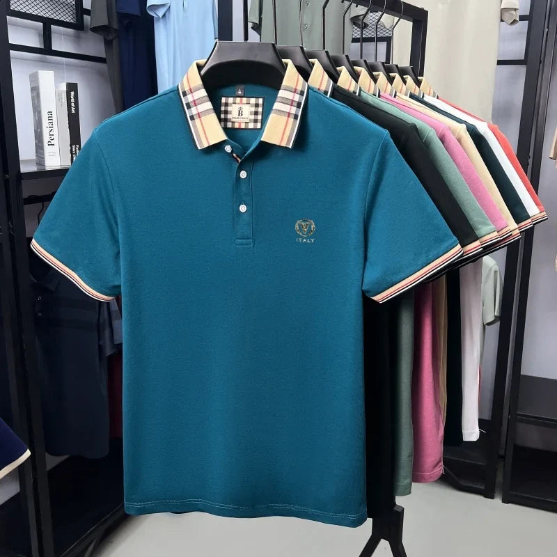 High end brand men's short sleeve polo shirt summer new letter emboss lightweight breathable fashion color blocked lapel T-shirt