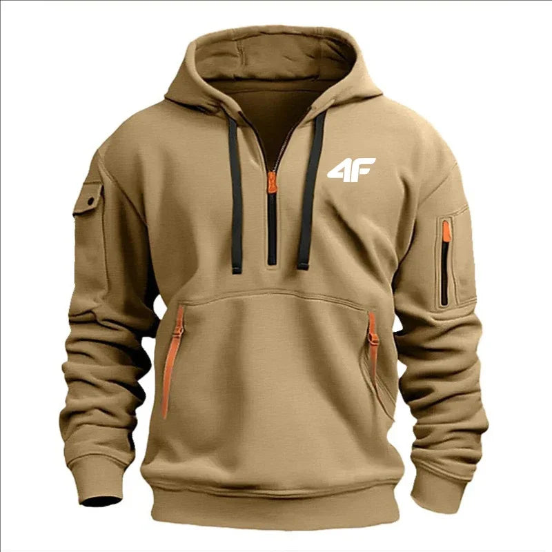 Men's hooded sweater casual sports jumper vintage Harajuku long sleeve zipper multi-pocket casual loose coat Street