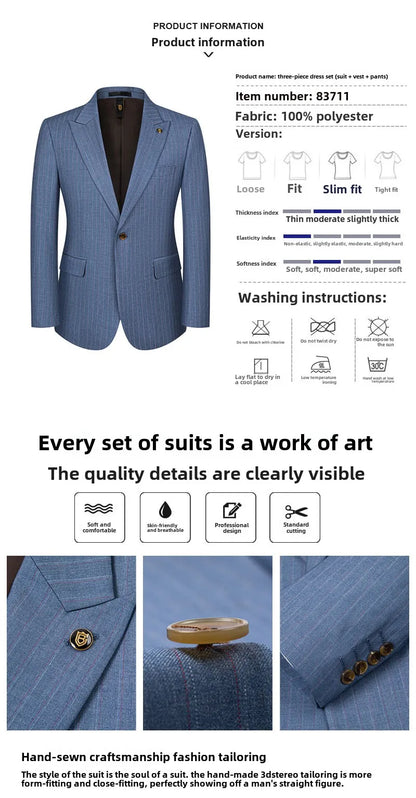 Men's Classic Formal Pinstripe Tuxedos Suits 3 Pieces Slim Fit Blazer Peak Lapel Two Button Groomsmen Wedding Dress Business