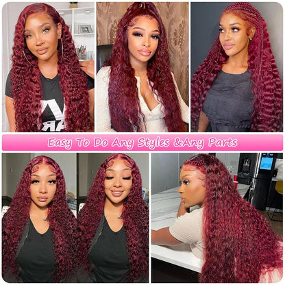 99J Burgundy Lace Front Wigs Human Hair 13x6 Deep Wave HD Lace Frontal Wigs Pre Plucked Human Hair Curly Wigs for Women 36 Inch