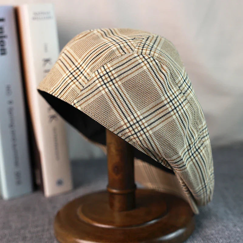 Spring Summer Linen Newsboy Cap New Beige Plaid Breathable Beret Men's Women's Literary Retro Hat England Hats Male Hats A-36