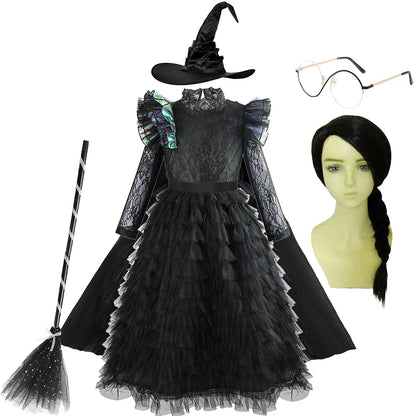 Halloween Witch Elphaba Costume Kids Purim Fantasy Outfits Girls Fancy Sets Children Long Sleeve Lace Ruffles Black Party Gown