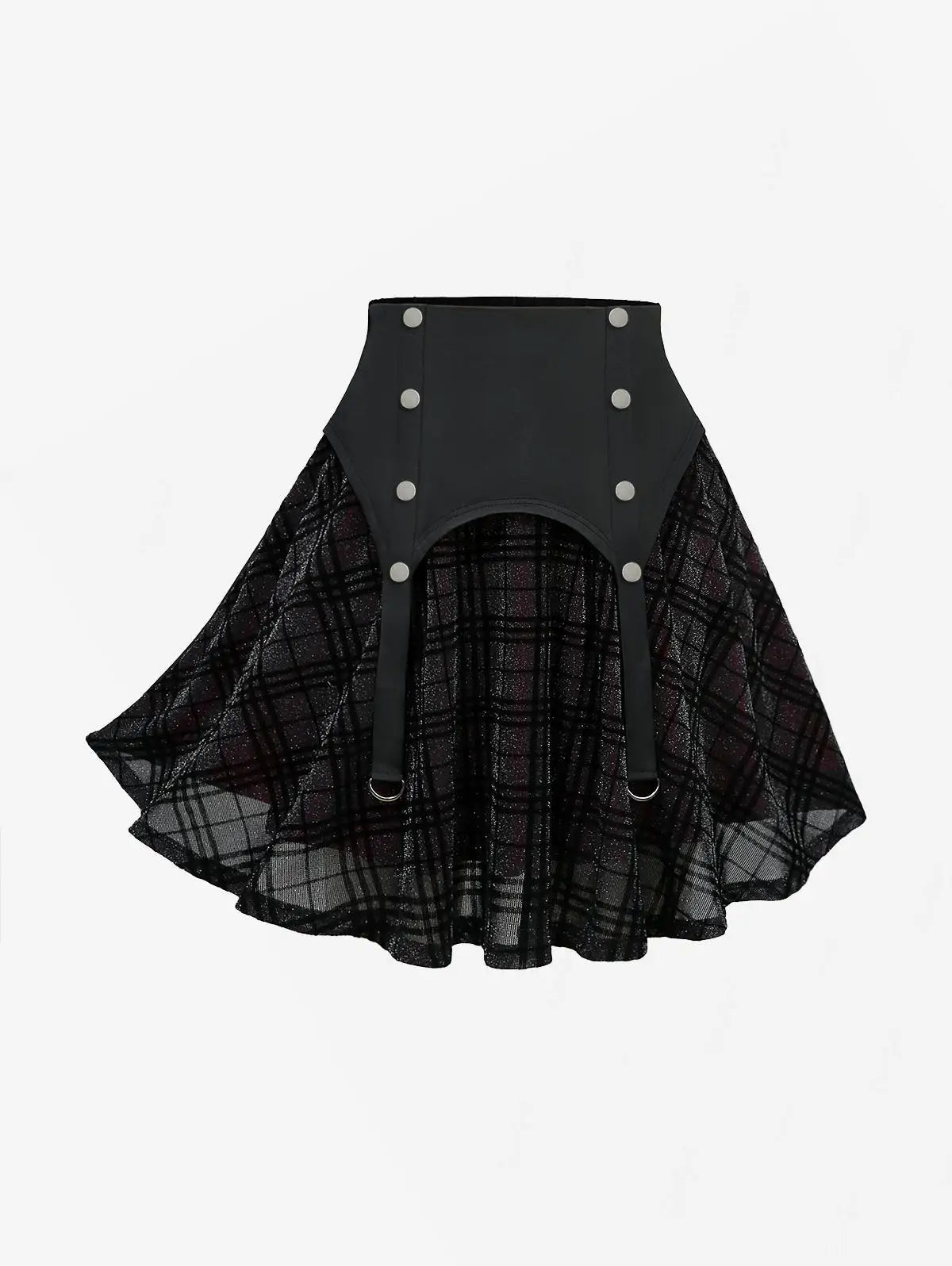Plus Size Elastic Waist Button Plaid Skirts Silver Flocking Oversize Women's Comfortable Fit Plaid Skirt Black