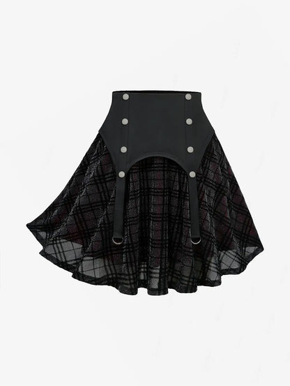 Plus Size Elastic Waist Button Plaid Skirts Silver Flocking Oversize Women's Comfortable Fit Plaid Skirt Black