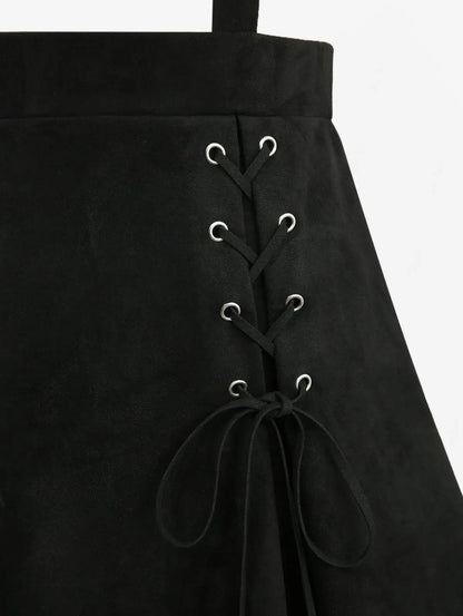 S-3XL Black Lace Up Crisscross Strappy Buckle Grommet Skirts Suspenders Detachable,  Women Casual Knee-Length Suspender Skirt