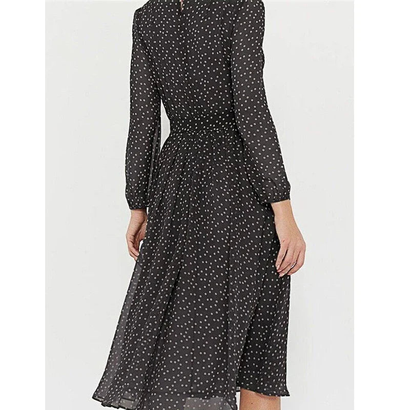 Spring and Summer Chiffon Dress Long Sleeved Solid Color Polka Dot Dress Elegant Lantern Sleeve Round Neck High Waisted Dresses