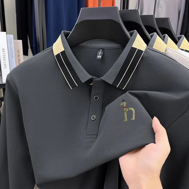 Original Design Men's Lapel Polo Shirt Autumn New Solid Color Print Long Sleeve T-Shirt High-End Business Leisure Men's Clothing