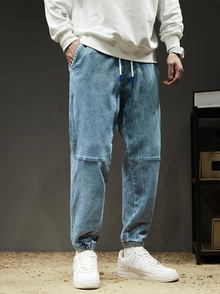 Calça Jeans Masculina Cargo Primavera Verão Levemente Elástica Algodão Denim Jogger Preta Azul Streetwear Folgada