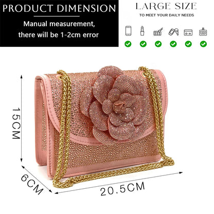 Evening Shoes and Bags Set with Full Diamond Handmade Petal Clutches Pointed Toe Peach Color Mid-Heel Women Shoes