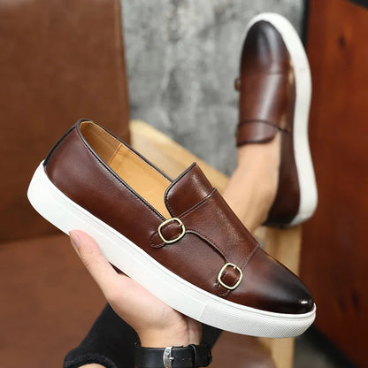 Fashion Men's Casual Shoes Snakeskin Grain Leather Men Retro British Style Loafers Monk Shoes Mens Slip-on Outdoor Driving Flats