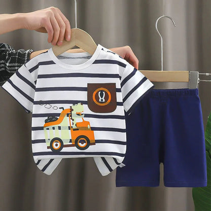 2Piece Summer Boys Clothing Korean Casual Cartoon Cute Print Short Sleeve Baby Tops+Shorts Kids Clothes Children's Sets B207