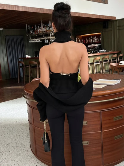 Trendix Hollow Out Sweater Sets For Women 2025 Fall New Long Sleeve Knitwear Shawl Suits Sexy Backless Knit Tank Top 2 Piece Set