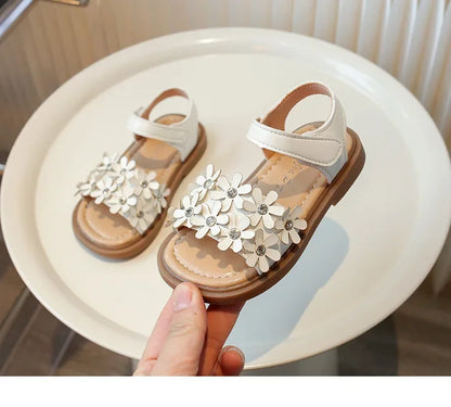 Little Girls Floral Bohemian Sandals with Beads Princess Sweet Kids Summer Shoes Open Toes Anti-skid Size 22-31Hook & Loop Cute