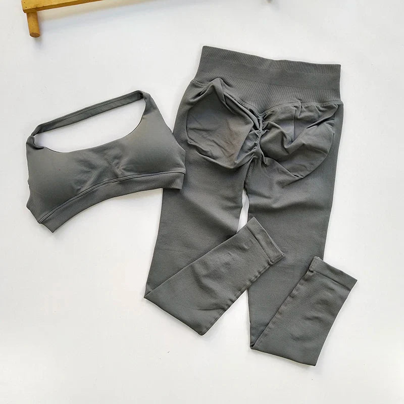 Sports Suit Women's Running 2PCS Set Seamless Yoga Thin Straps Beautiful Back Fitness Bras Gym High-waisted Peach Leggings Sets