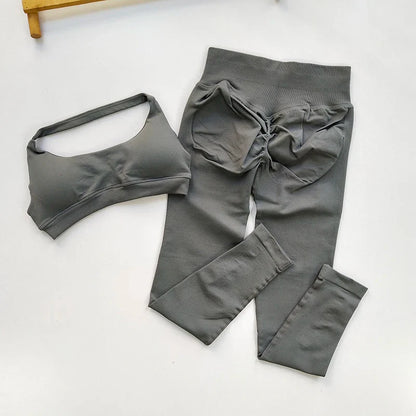 Sports Suit Women's Running 2PCS Set Seamless Yoga Thin Straps Beautiful Back Fitness Bras Gym High-waisted Peach Leggings Sets