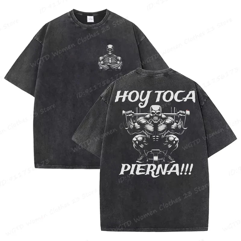 Calacas Chidas Gym Washed T-Shirts Men's Trendy Cool Skeleton & Gym Print Oversized Tshirt Summer Tees Streetwear Casual Tops
