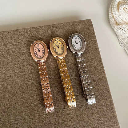Hot Sale Fashion Watch for Women Mid Ancient Style Oval Dial Small Gold Watch Adjustable Steel Strap Quartz Wristwatch Wholesale