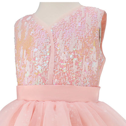 Pink Sequin Lace Wedding Dress+Magic Wand+Crown Outfits 3-13 years Teens Sleeveless fluffy Mesh Gown for girls queen clothes