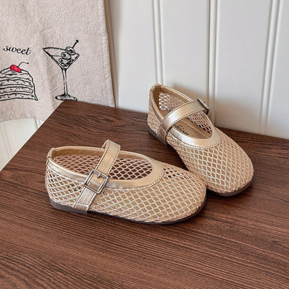 Toddler Girls Mesh Ballet Flats 2026 New Summer Ankle Strap Sandals Non-slip Simple Princess Outdoor Beach Sandals Metallic Gold