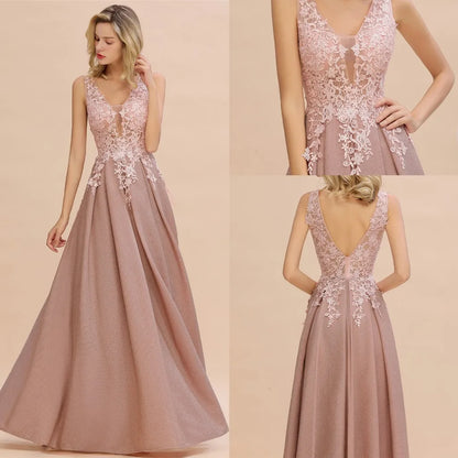 Dusty Pink Bridesmaid Dresses Appliques Lace V Neck Illusion Blue Burgundy Silver For Bride Wedding Party Prom Gowns Vestidos