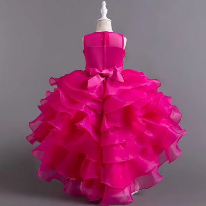 Summer Children's Wedding Flower Girl Tail Organza Elegant Evening Dress Bow Cute Birthday Party Girl Princess Dress